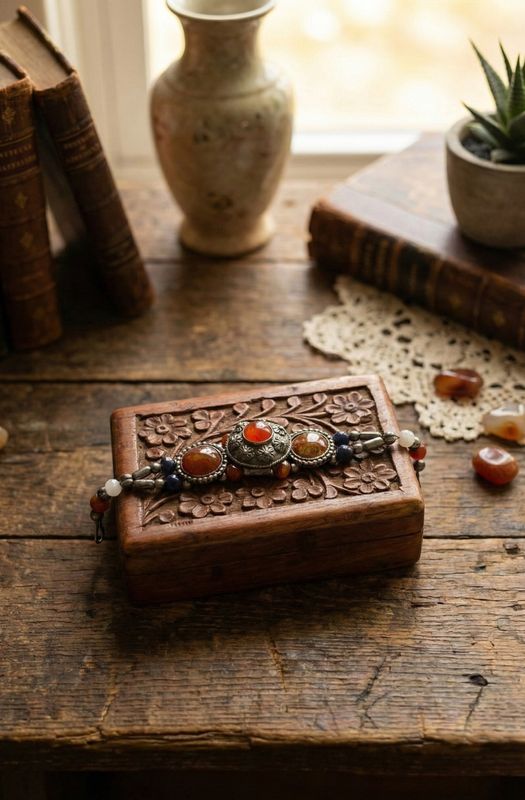 Armband met oranje natuurstenen op een gesneden houten kistje, op een oude houten tafel