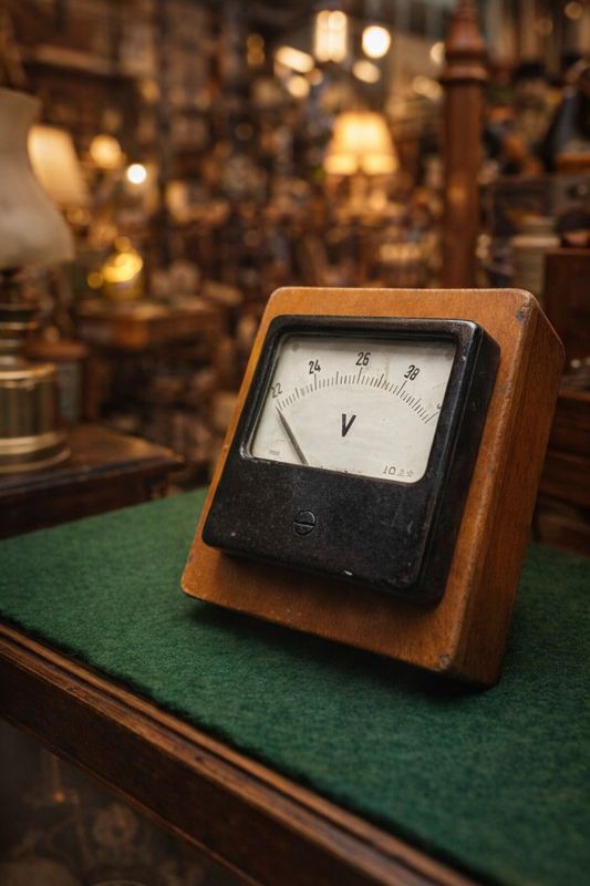 Analoge voltmeter in een houten kastje op een groen beklede toonbank in de winkel
