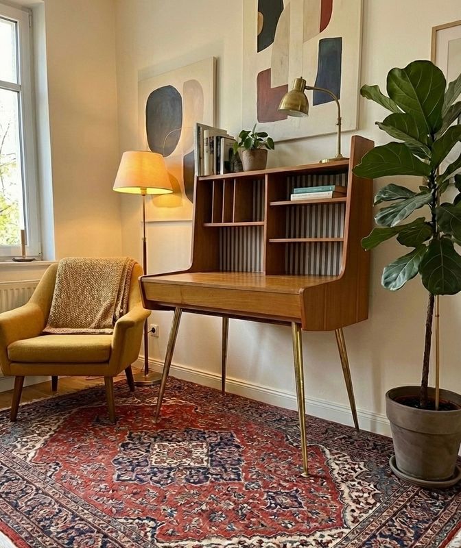 Teakhouten secretaire met vakkenopbouw op dunne messing poten, naast een fauteuil op een perzisch kleed