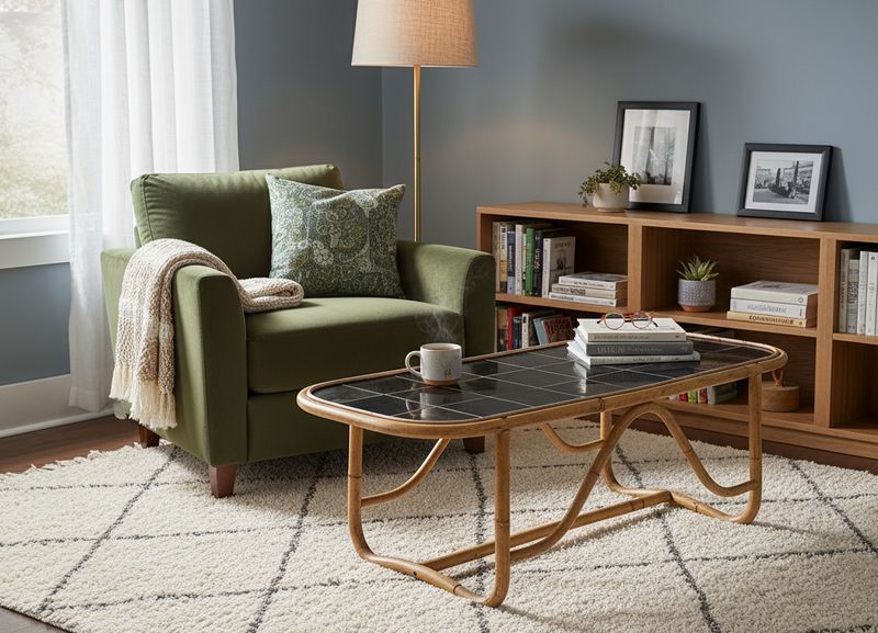 Ovale bamboe salontafel met zwart tegelblad voor een groene fauteuil