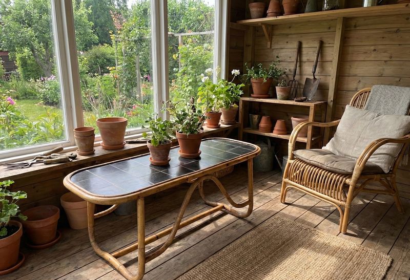 Vintage bamboe salontafel met zwart kunststof blad