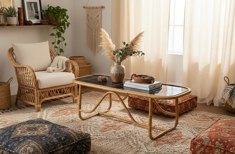 Vintage bamboe salontafel met zwart kunststof blad