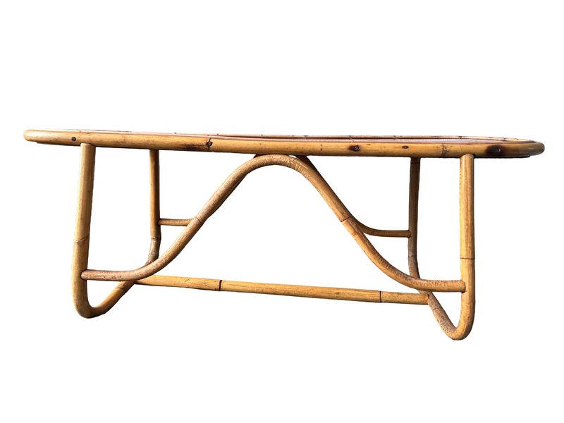 Vintage bamboe salontafel met zwart kunststof blad
