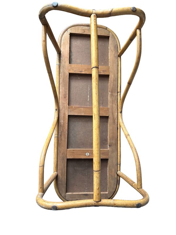 Vintage bamboe salontafel met zwart kunststof blad