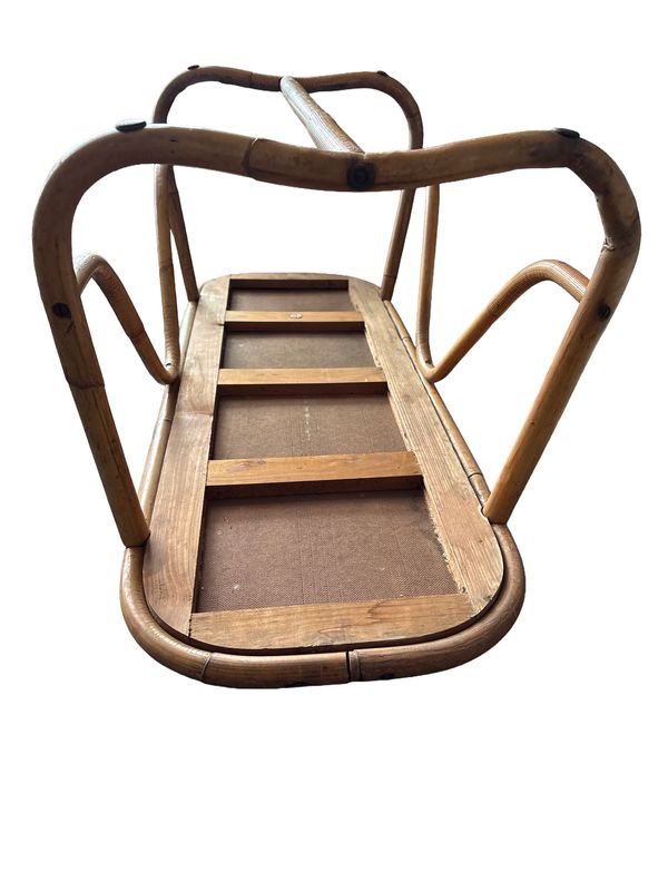 Vintage bamboe salontafel met zwart kunststof blad