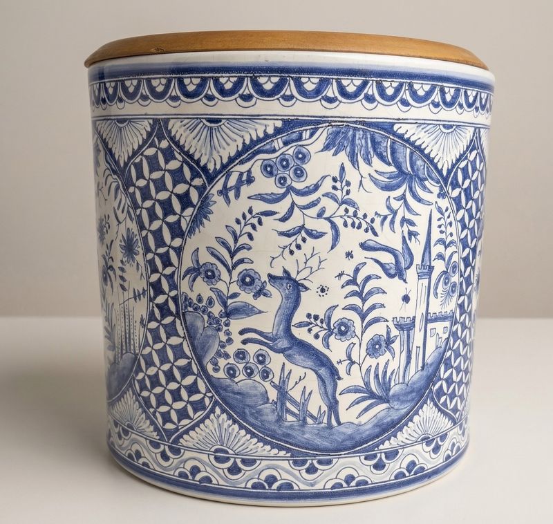 Blauw-wit beschilderde voorraadpot met een hert in een medaillon, houten deksel