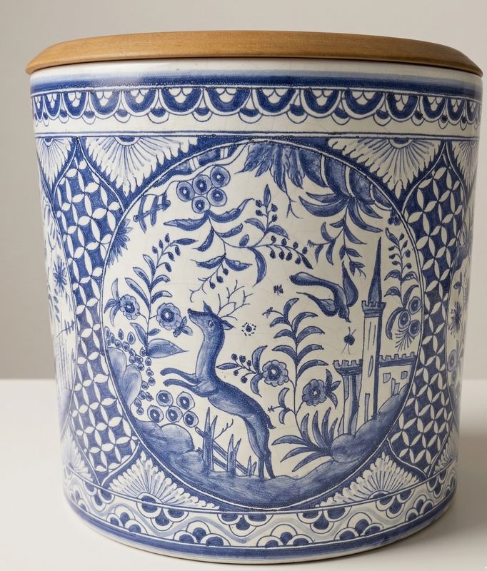 Zijkant van blauw-witte voorraadpot met traditioneel Portugees decor en houten deksel