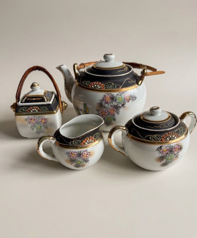 Theeservies met pot, melkkan, suikerpot en bus, zwart met bloemen en goudrand