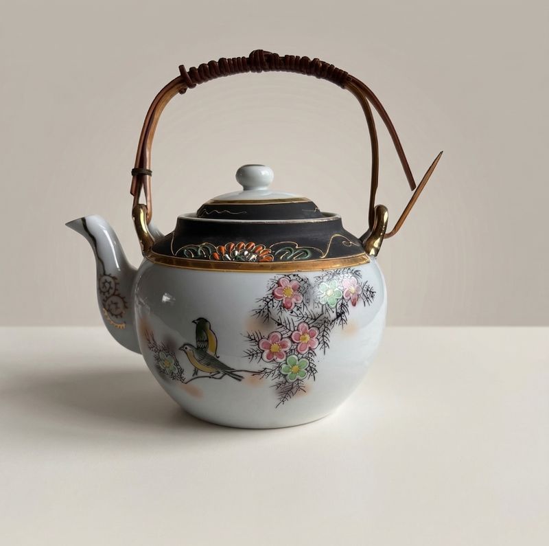 theepot porselein beschadigd rieten handvat detail