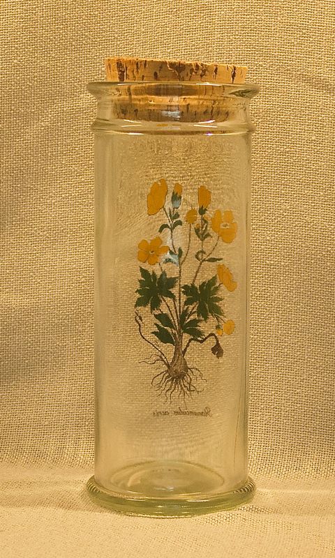  Retro glazen voorraadpot met gele boterbloem print en kurken deksel