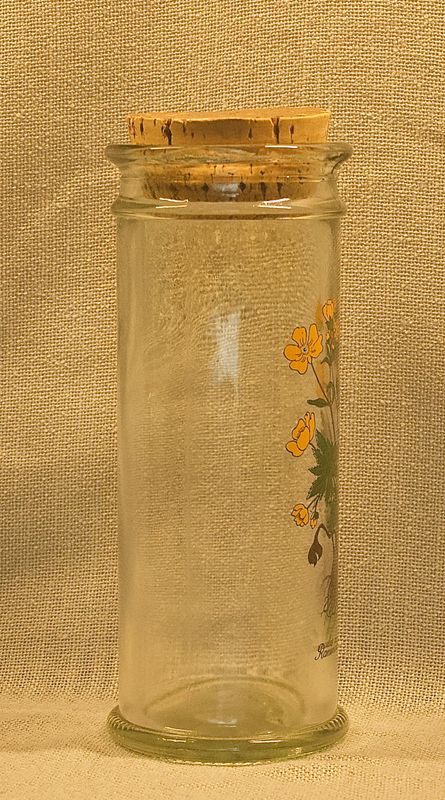 Zijkant van vintage glazen pot met botanische print van de Scherpe Boterbloem