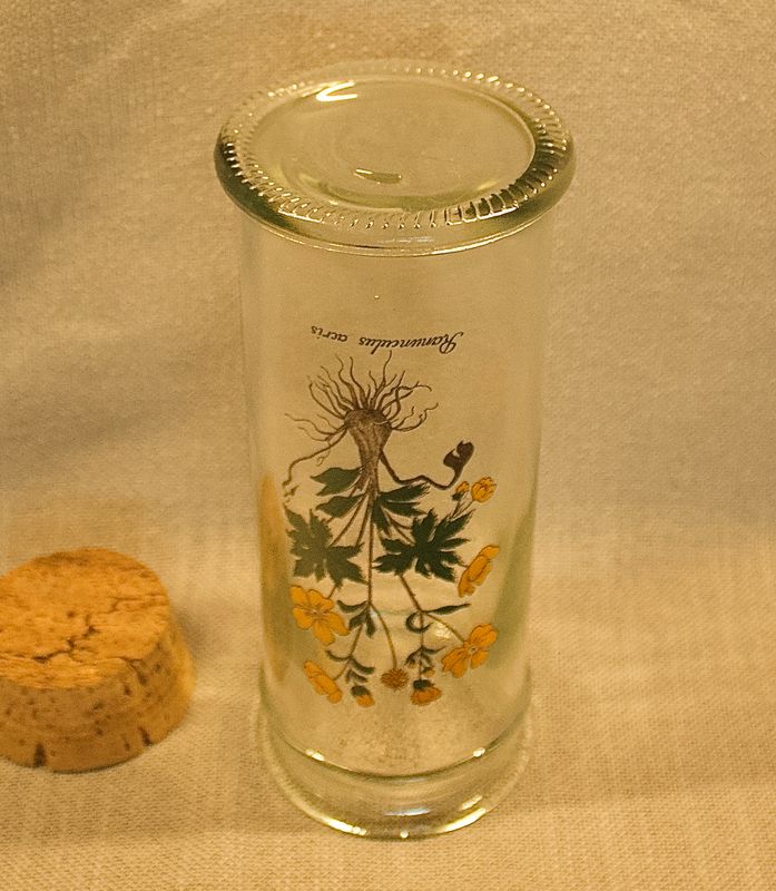 Onderkant en bodem van de vintage glazen botanische pot met kurken deksel