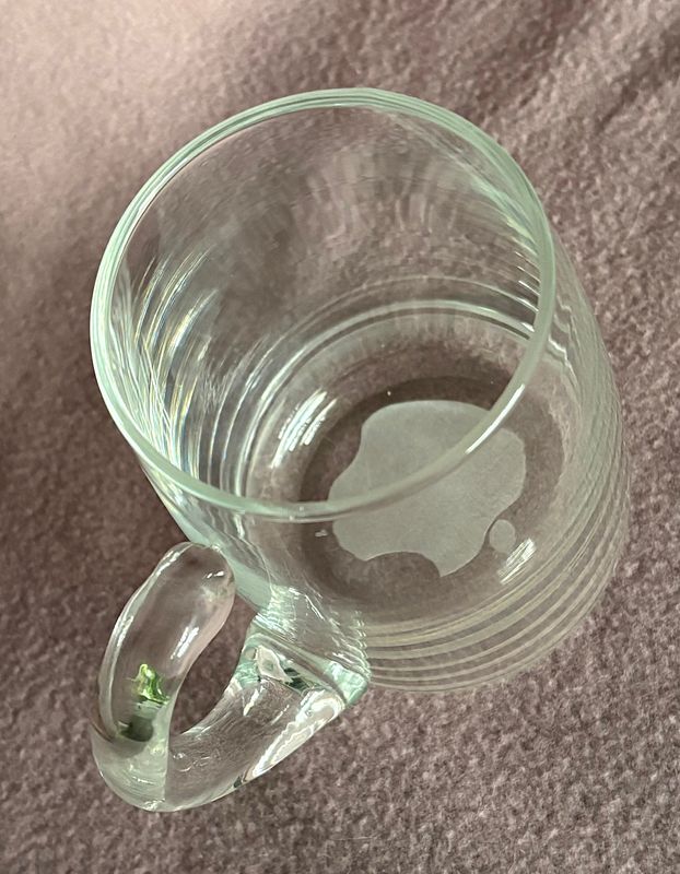 Bovenaanzicht van de lege glazen Apple mug met zicht op het geëtste logo op de bodem