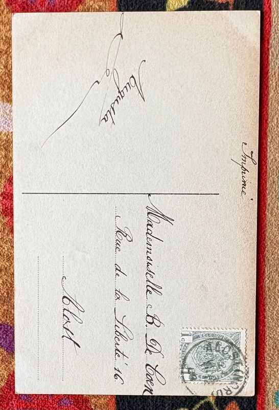 Antieke kerstfotokaart, achterzijde met Belgische zegel, adres in Alost en handtekening Augusta